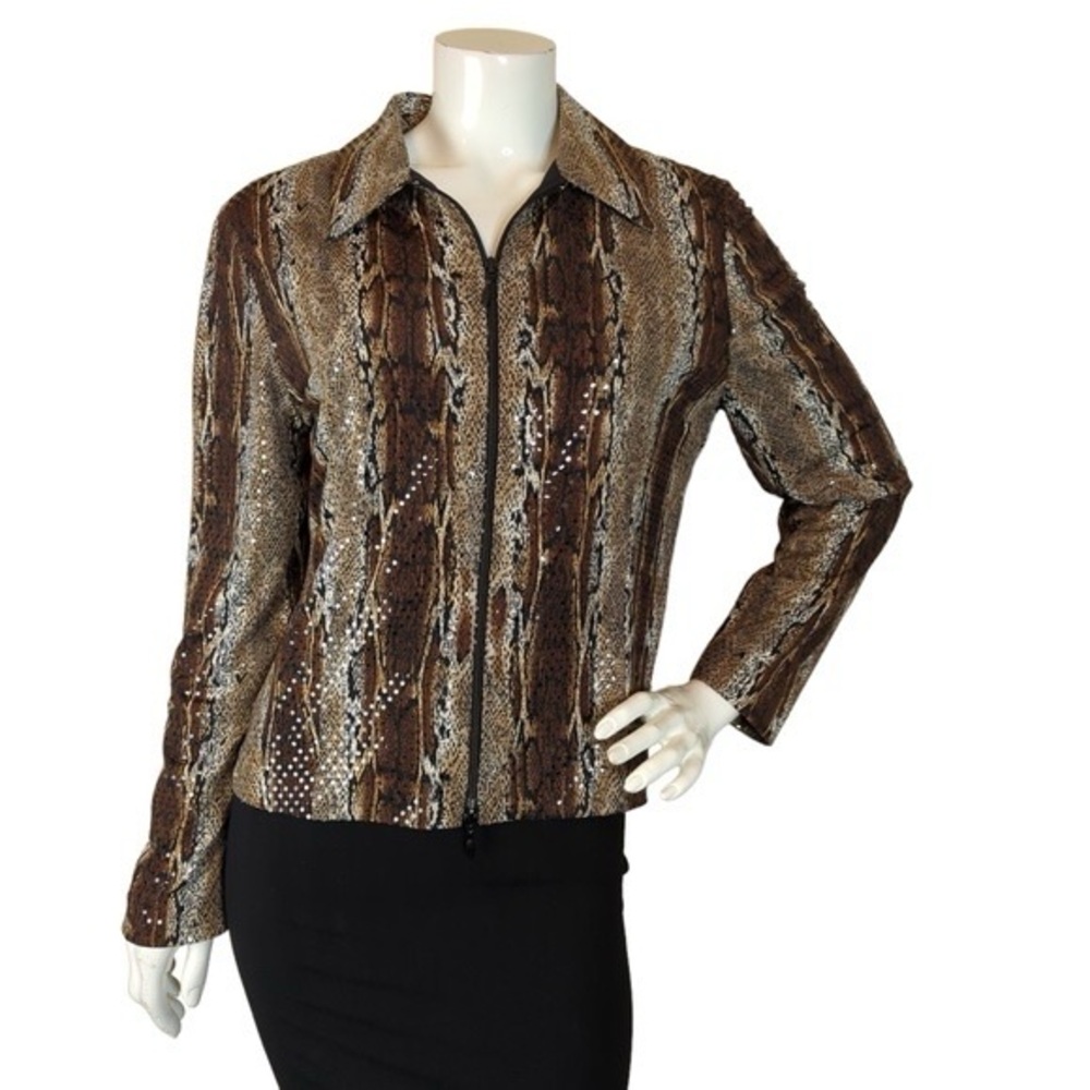 Joseph Ribkoff Animal Print Brown Gold Sequin Jacket SZ 12